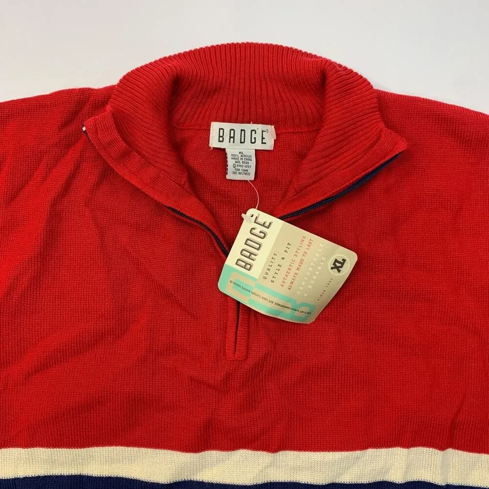 Vintage Badge Sweater Mens XL Extra Large‎ Navy Red Acrylic 1/4 Zip Colorblock